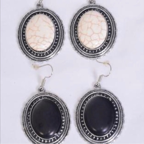 WOMEN’S Vintage Oval Cabochon Semiprecious Metal Earrings Silvertone - Picture 12 of 14